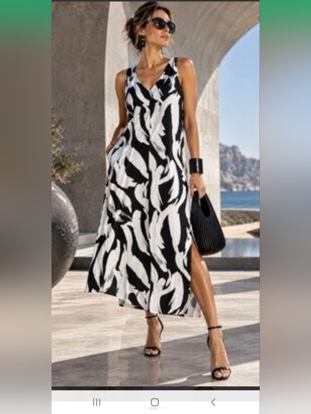 DKNY Linen Blend Abstract Brushstroke Maxi Dress Black & White Women's Size XS